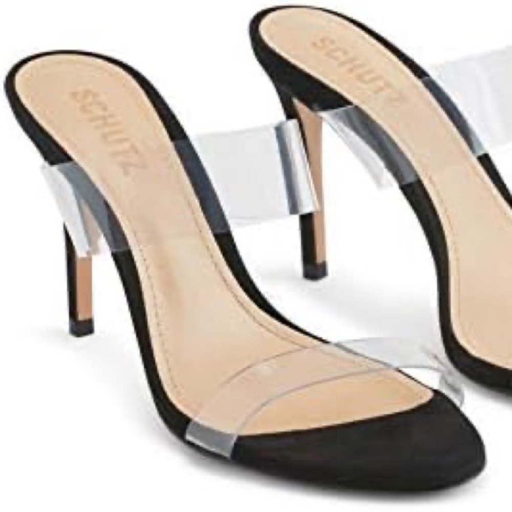 SCHUTZ Ariella Black and Clear Stiletto Heels